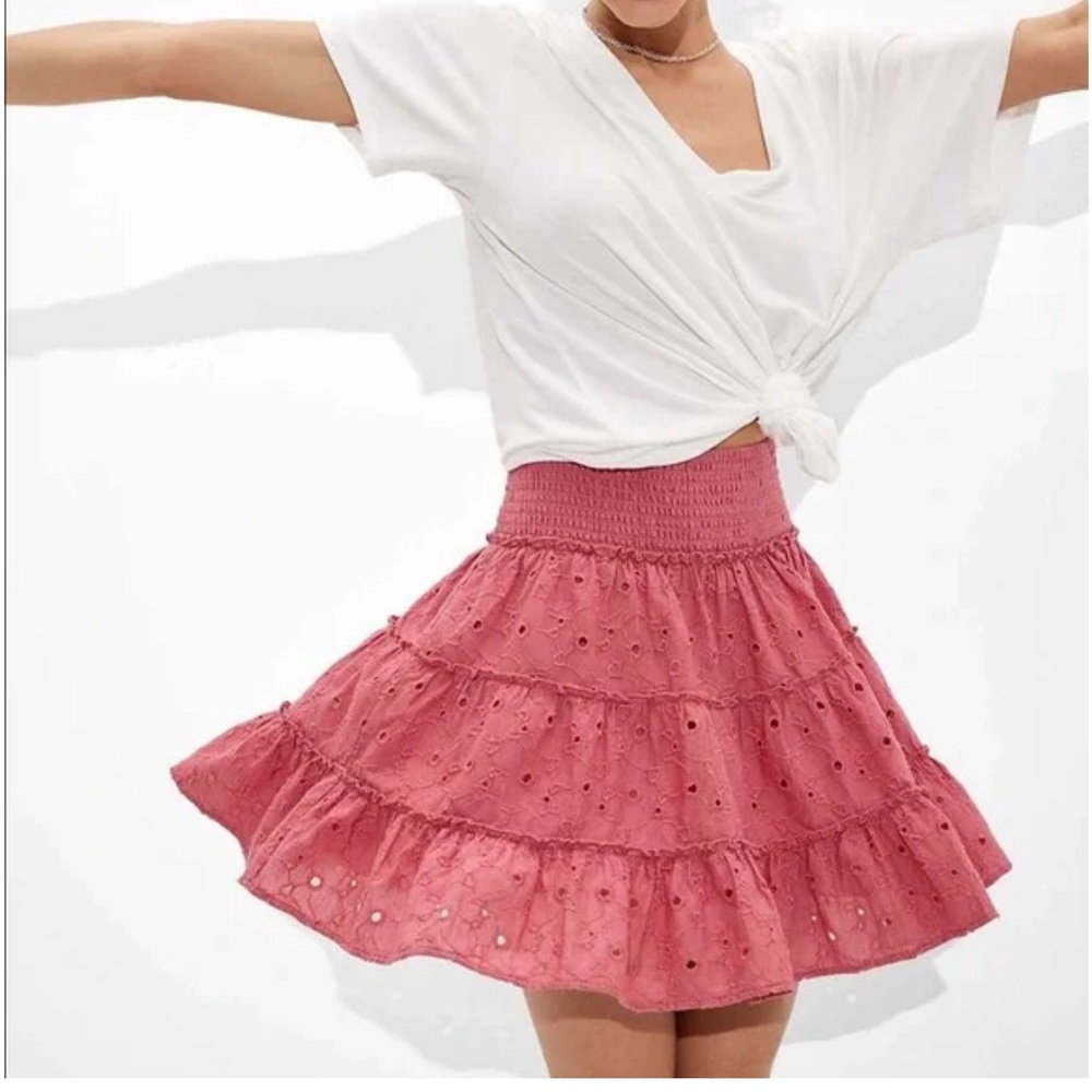 American Eagle Women's Pink Eyelet Floral Embroidered Smocked Tiered Mini Skirt